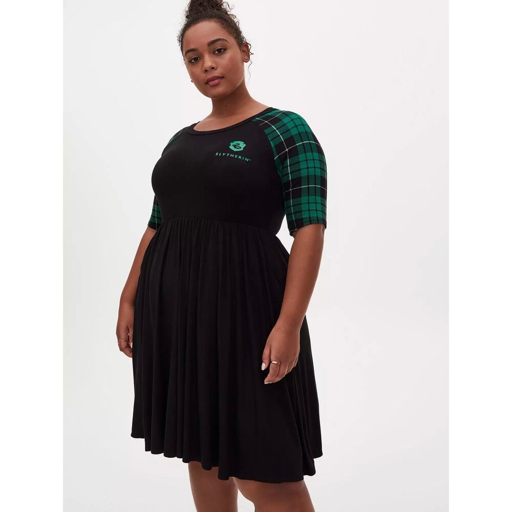 Torrid x Harry Potter Slytherin house green plaid raglan mini skater dress